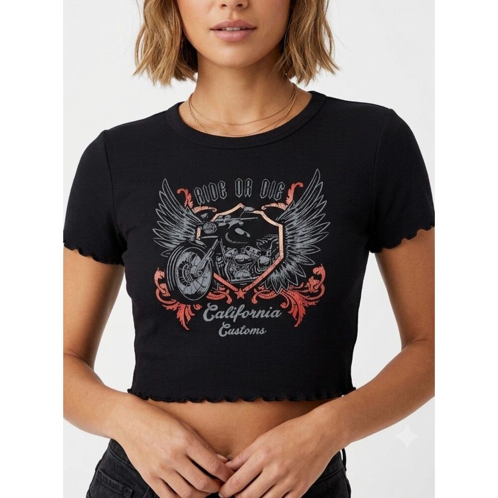 Lettuce-Edge Ride or Die Motorcycle Graphic PS/LA Black Cotton Crop Top‎ Size L
